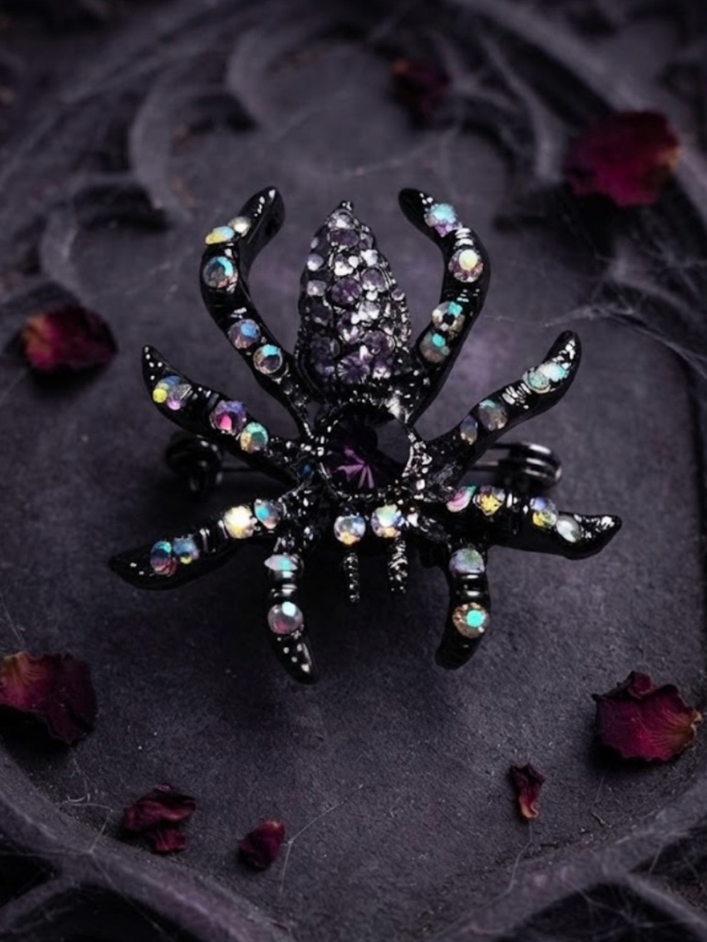 Black Spider Ring with Iridescent Crystals